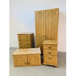 A MODERN FOUR PIECE PINE FINISH BEDROOM SUITE COMPRISING OF DOUBLE DOOR WARDROBE WITH DRAWER,