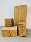 A MODERN FOUR PIECE PINE FINISH BEDROOM SUITE COMPRISING OF DOUBLE DOOR WARDROBE WITH DRAWER,