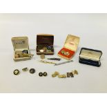 BOX OF ASSORTED VINTAGE JEWELLERY TO INCLUDE CUFF LINKS, ENAMELLED BADGES, 9CT.