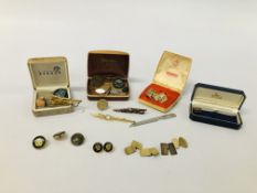 BOX OF ASSORTED VINTAGE JEWELLERY TO INCLUDE CUFF LINKS, ENAMELLED BADGES, 9CT.