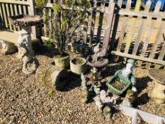 13 GARDEN ORNAMENTS AND PLANTERS TO INCLUDE DUCK WITH WHEEL BARROW, DUCK BIRD BATH. GNOMES.