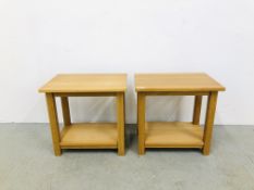 A PAIR OF SOLID LIGHT OAK LAMP TABLES EACH WIDTH 53CM. DEPTH 36CM. HEIGHT 49CM.