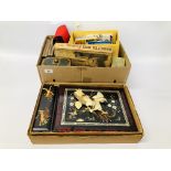 BOX OF MISCELLANEOUS COLLECTIBLES TO INCLUDE LEATHER TAPE MEASURE, PRAKTICA SUPER TL1000 SLR CAMERA,