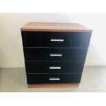 A MODERN FOUR DRAWER GLOSS AND WOOD EFFECT CHEST 60CM. X 40CM. X 69CM.