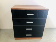 A MODERN FOUR DRAWER GLOSS AND WOOD EFFECT CHEST 60CM. X 40CM. X 69CM.