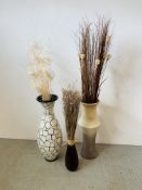 THREE LARGE DECORATIVE VASES AND CONTENTS