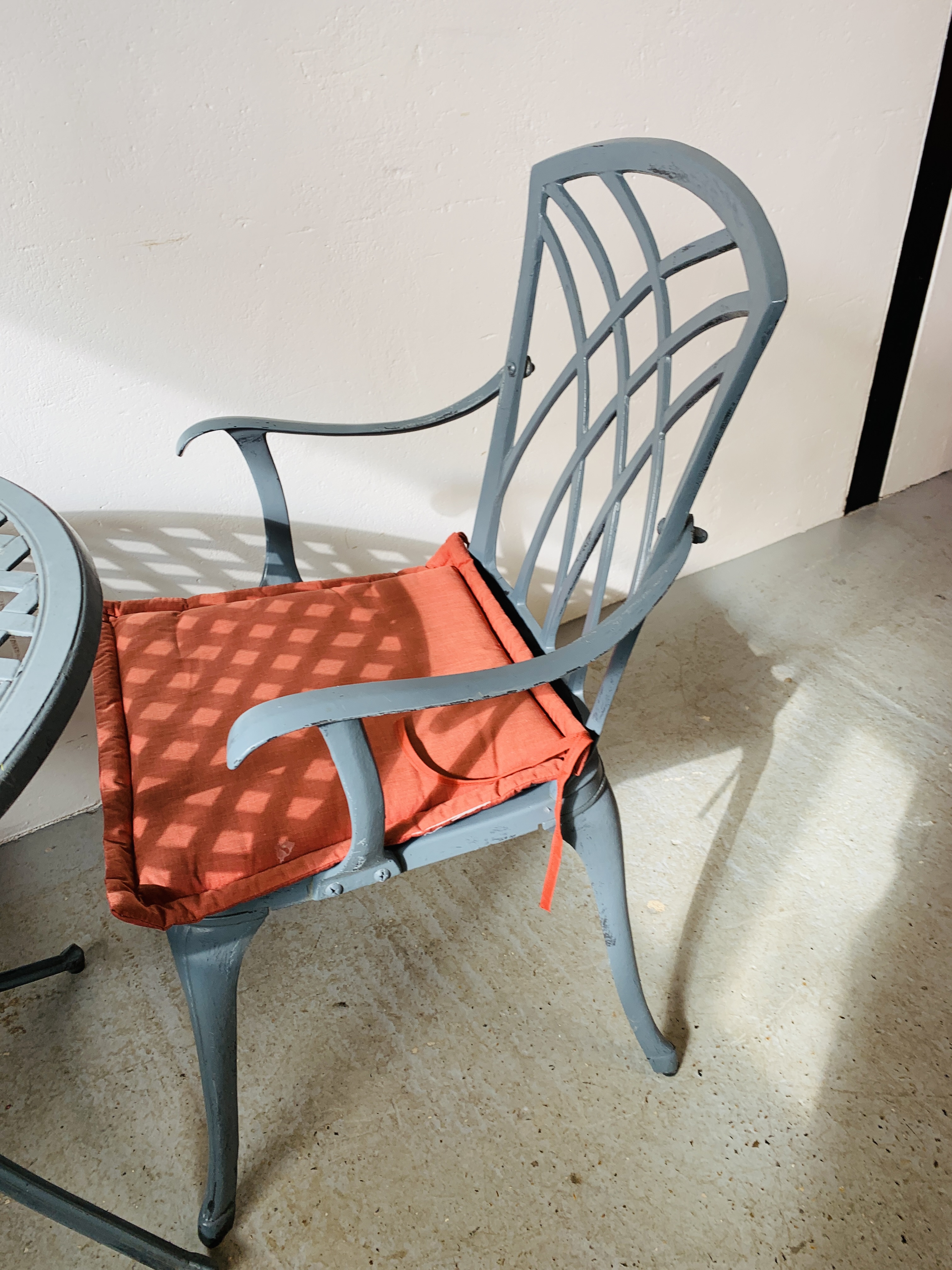 A CAST ALUMINIUM PATIO BISTRO SET COMPRISING CIRCULAR TABLE AND TWO CHAIRS WITH SEAT CUSHIONS - Image 6 of 6