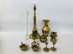 BOX OF ASSORTED BRASSWARE TO INCLUDE A VASE, LAMP BASE, CANDLESTICKS, DESIGNER TOAST RACK, ETC.