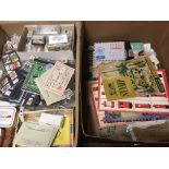TWO BOXES OF ALL WORLD STAMPS, JUNIOR ALBUMS, TINS AND PACKETS ETC.