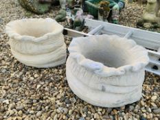 A PAIR OF STONEWORK SACK DESIGN PLANTERS - HEIGHT 25CM. WIDTH 40CM.