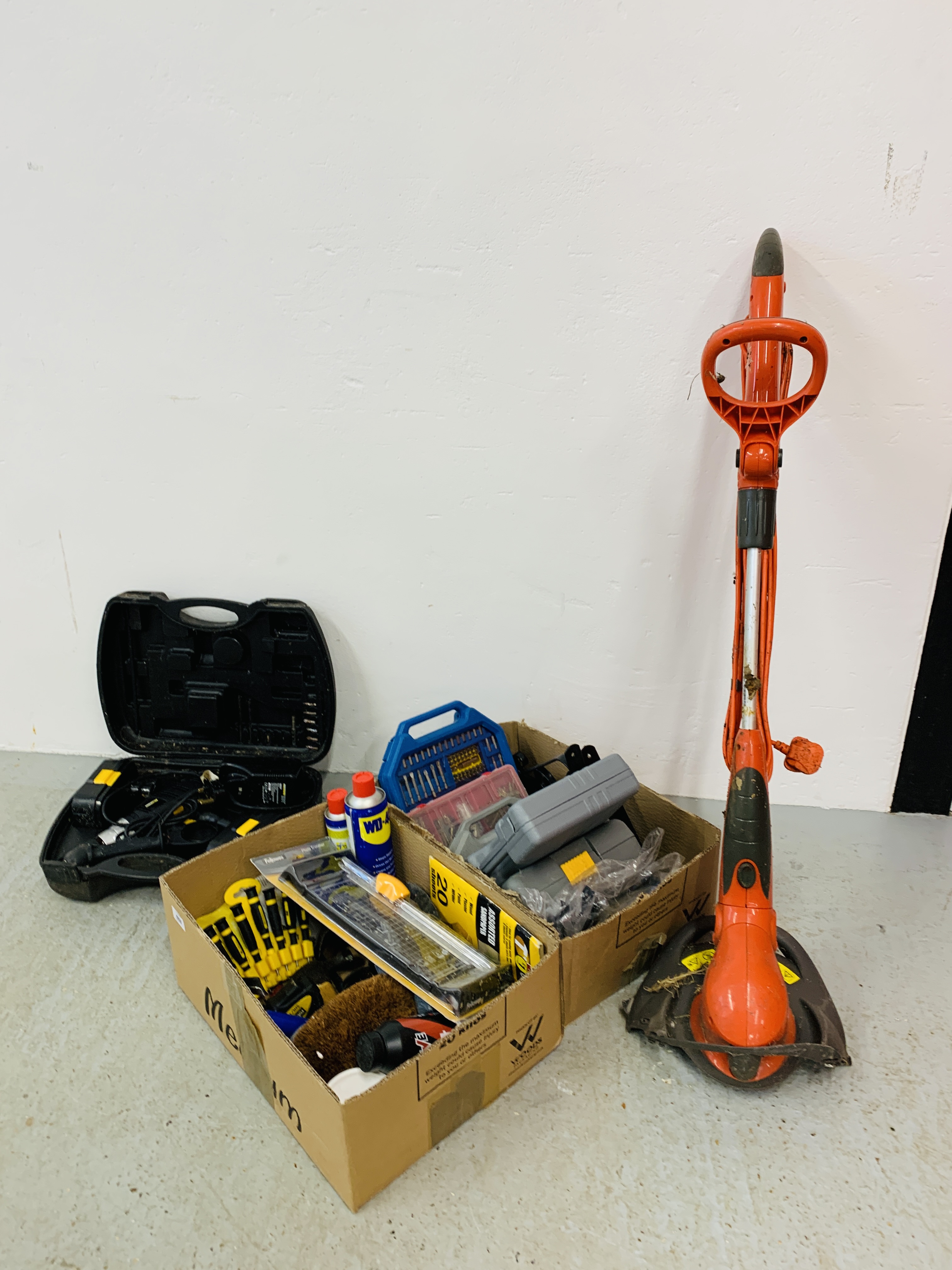 TWO BOXES CONTAINING ASSORTED TOOLS AND SHED SUNDRIES TO INCLUDE RYOBI CORDLESS DRILL, FIXINGS,