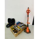 TWO BOXES CONTAINING ASSORTED TOOLS AND SHED SUNDRIES TO INCLUDE RYOBI CORDLESS DRILL, FIXINGS,