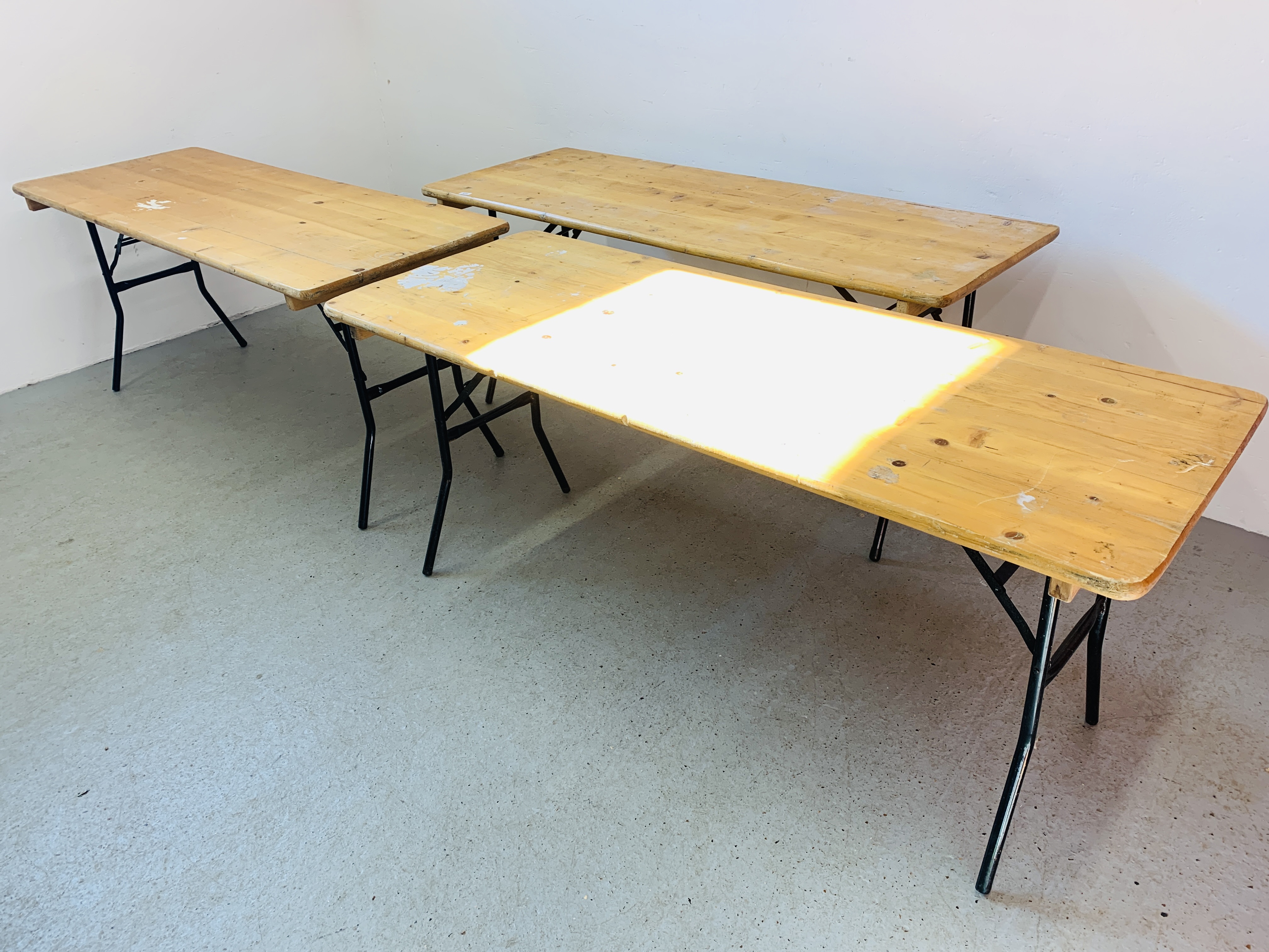 3 X COLLAPSIBLE PINE TABLES ON METAL LEGS