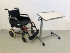 A ROMA MEDICAL FOLDING WHEEL CHAIR COMPLETE WITH FOOT RESTS AND SEAT CUSHION ALONG WITH AN