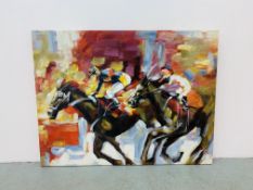 MODERN ART "HORSE RACING" CANVAS H 77CM X W 102CM.