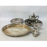 QUANTITY OF PLATED WARE TO INCLUDE THREE TRAYS, COFFEE POT AND SUGAR BOWL AND CREAM JUG,