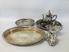 QUANTITY OF PLATED WARE TO INCLUDE THREE TRAYS, COFFEE POT AND SUGAR BOWL AND CREAM JUG,