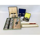 BOX OF ASSORTED VINTAGE SILVER PLATED BOXED CUTLERY, 2 VINTAGE MEASURES AND 2 SERVIETTE RINGS, ETC.