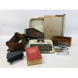 BOX OF VINTAGE COLLECTIBLES TO INCLUDE PRIMO TACKER, COMET STAPLER, ADJUSTABLE BOOK STAND,