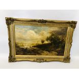 AN OIL ON CANVAS OF RIVER SCENE IN GILT FRAME INDISTINCT SIGNATURE