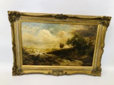 AN OIL ON CANVAS OF RIVER SCENE IN GILT FRAME INDISTINCT SIGNATURE