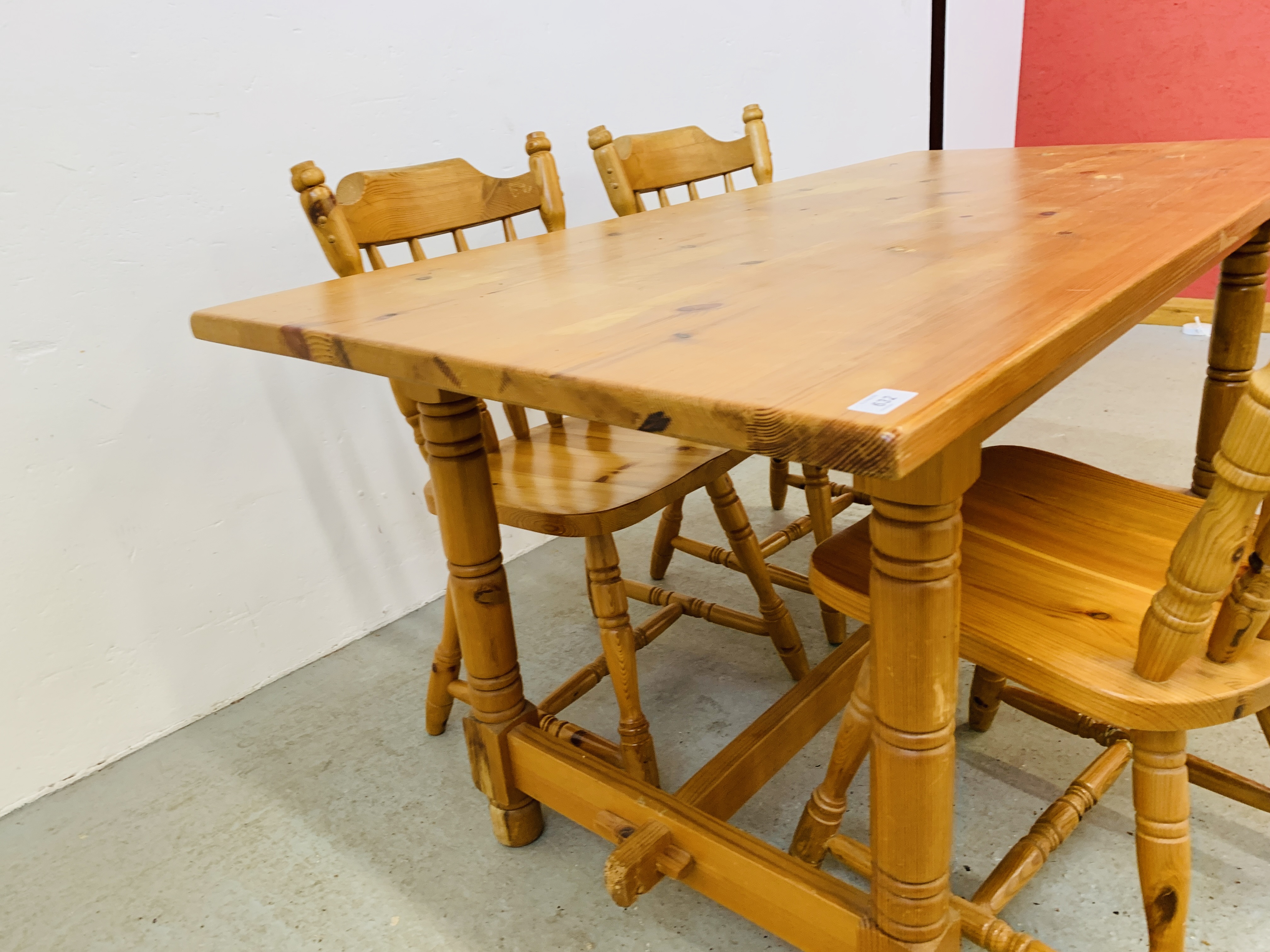 A PINE KITCHEN TABLE COMPLETE WITH FOUR SOLID PINE KITCHEN CHAIRS (TABLE 152CM. X 76CM. - Image 11 of 14