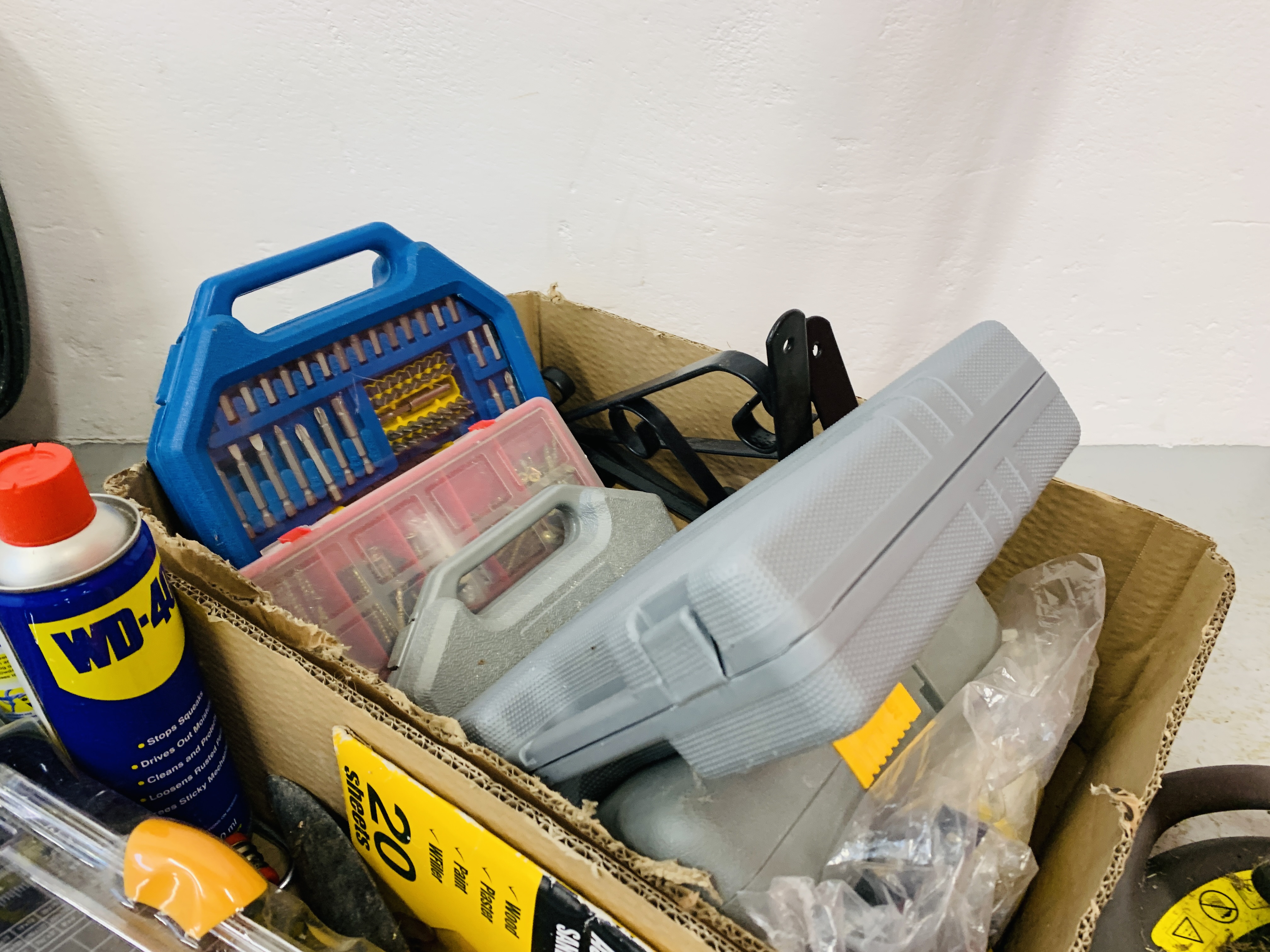 TWO BOXES CONTAINING ASSORTED TOOLS AND SHED SUNDRIES TO INCLUDE RYOBI CORDLESS DRILL, FIXINGS, - Image 3 of 5