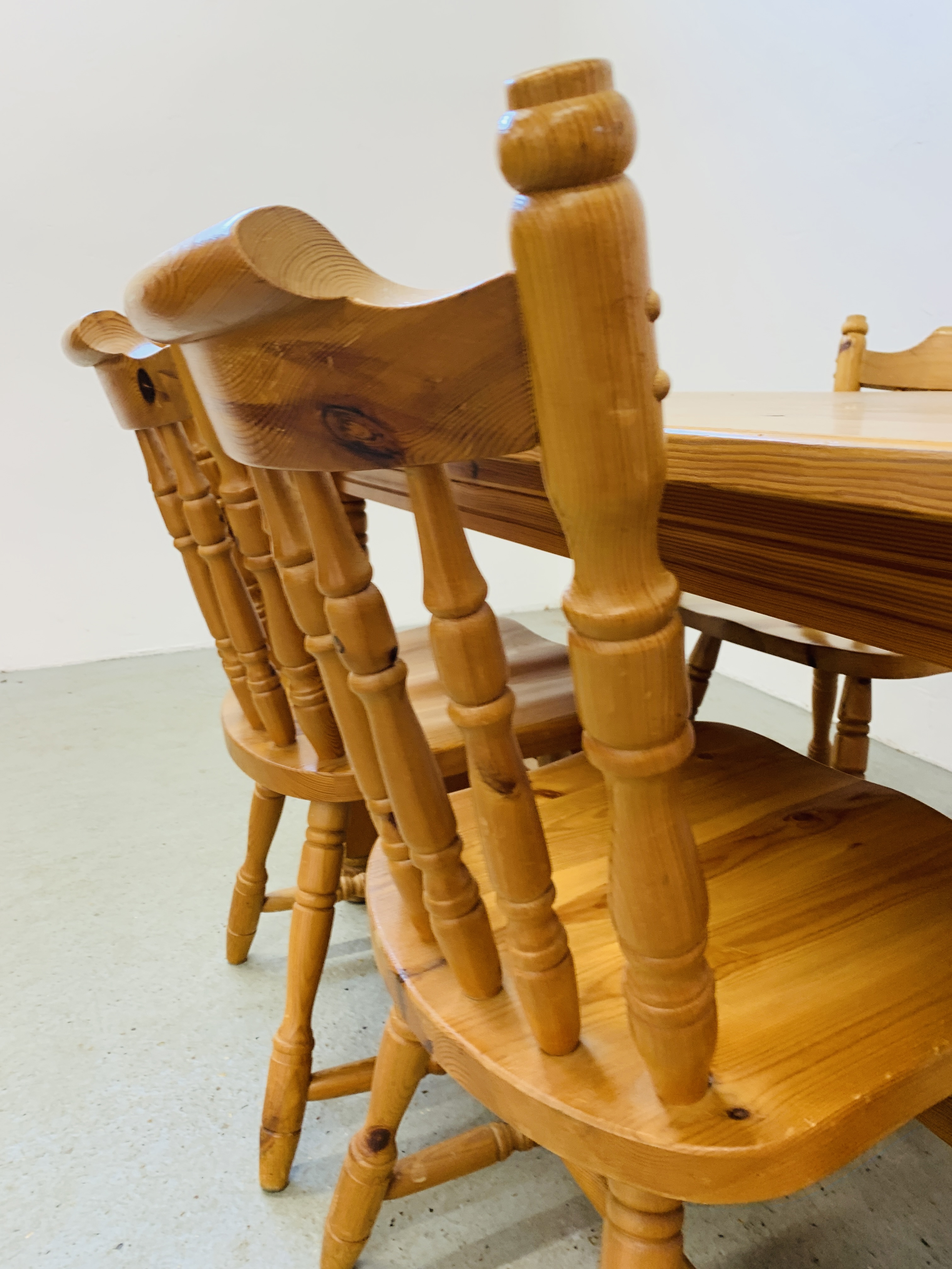 A PINE KITCHEN TABLE COMPLETE WITH FOUR SOLID PINE KITCHEN CHAIRS (TABLE 152CM. X 76CM. - Image 6 of 14