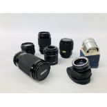 4 VARIOUS CAMERA LENSES, 2 EXTENSION TUBES AND A 2 X TELECONVERTER.