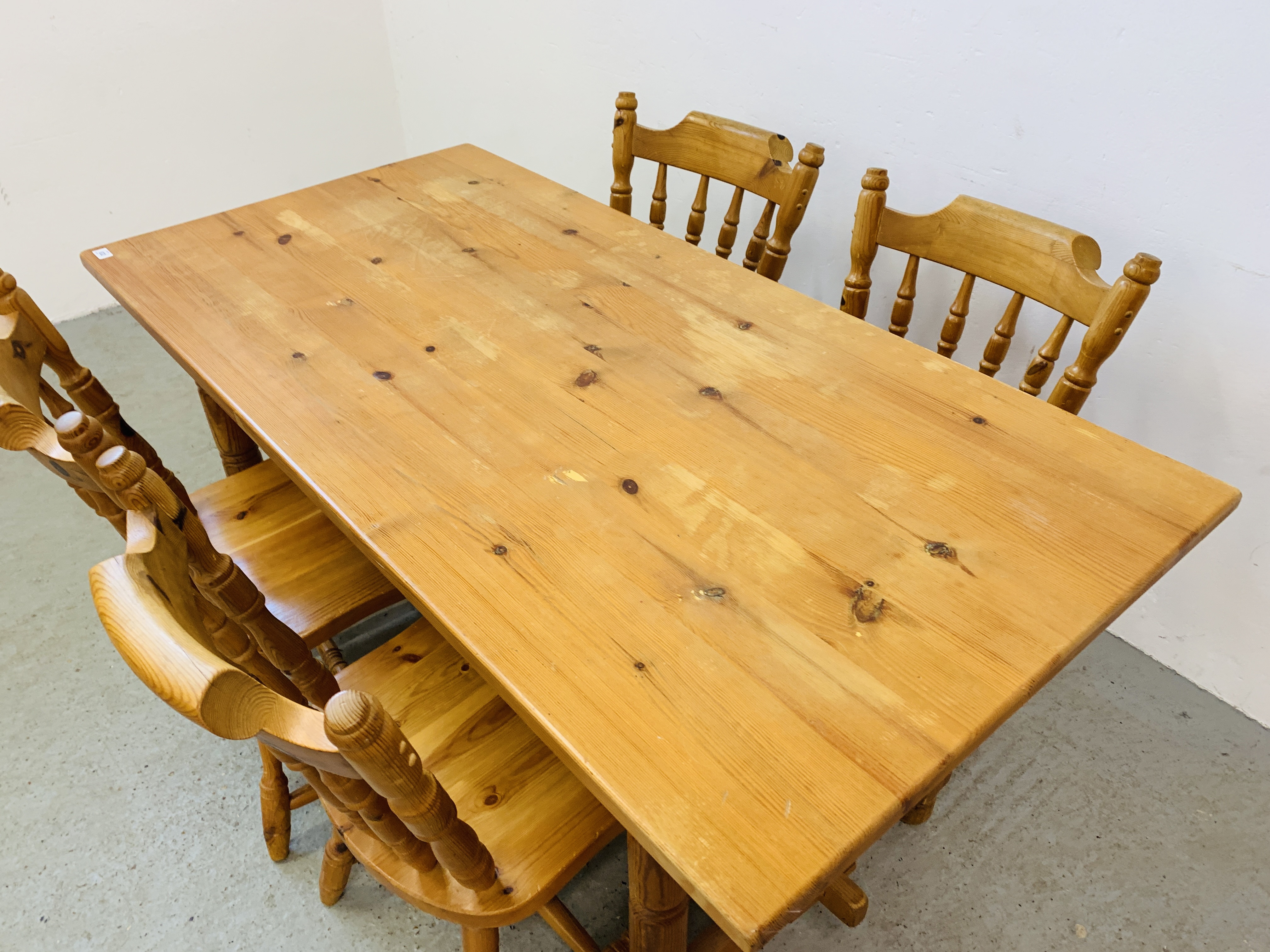 A PINE KITCHEN TABLE COMPLETE WITH FOUR SOLID PINE KITCHEN CHAIRS (TABLE 152CM. X 76CM. - Image 2 of 14