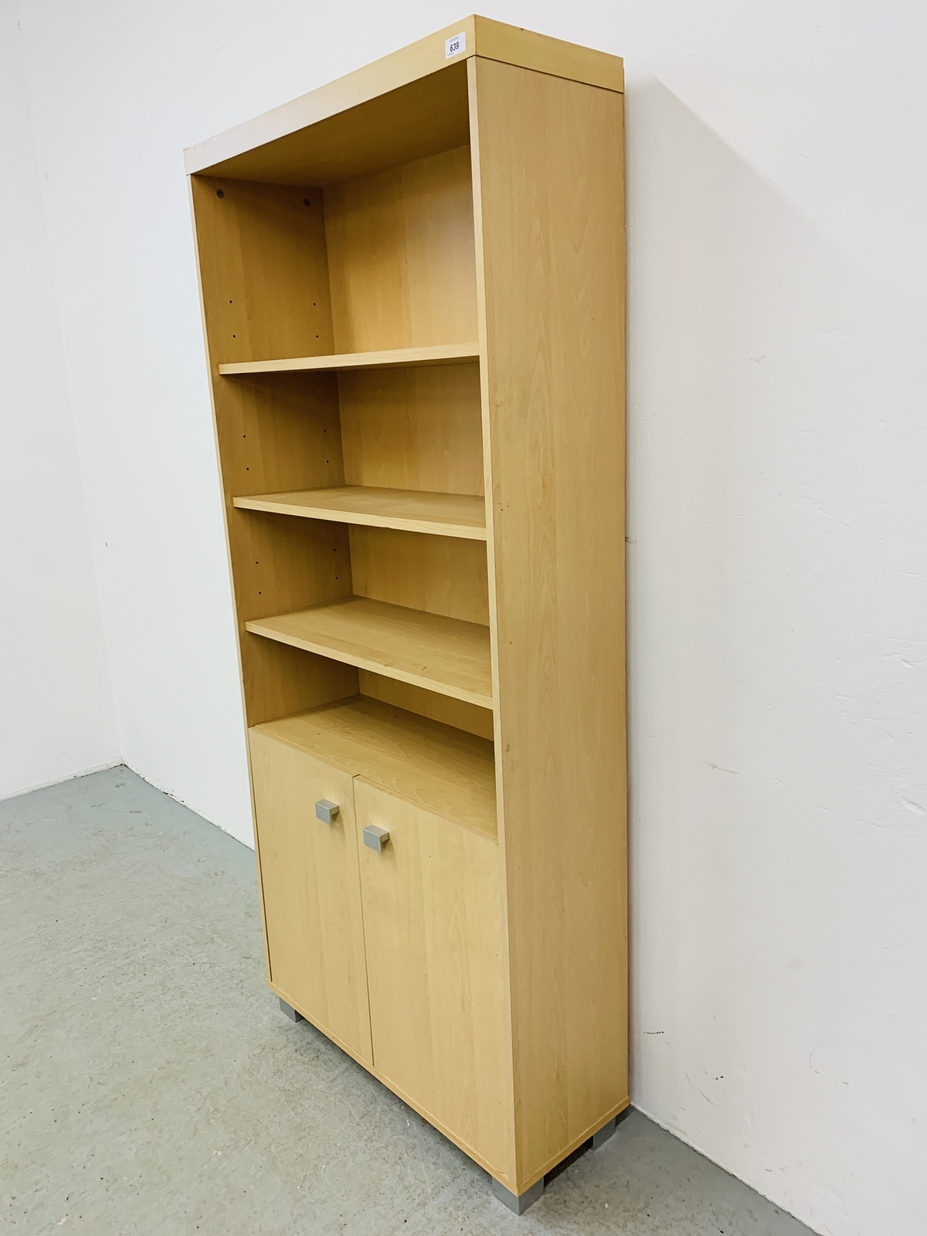 A MODERN BEECHWOOD EFFECT FINISH FULL HEIGHT BOOKSHELF WITH CABINET BASE W 79CM, D 30CM, H 181CM. - Image 2 of 8