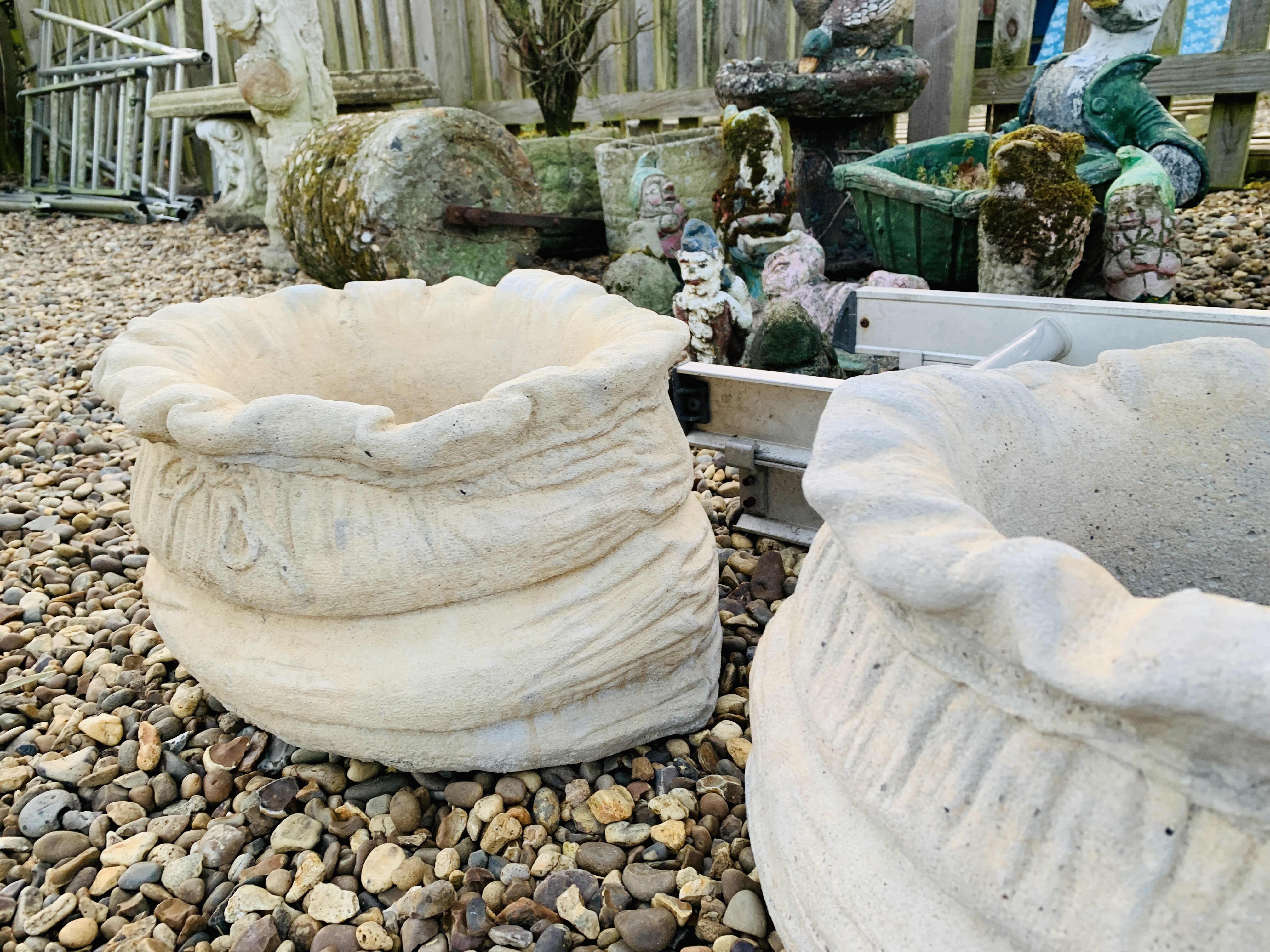 A PAIR OF STONEWORK SACK DESIGN PLANTERS - HEIGHT 25CM. WIDTH 40CM. - Image 3 of 3