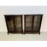 A PAIR OF STAG TWO DOOR GLAZED DISPLAY CABINETS WITH GLAZED SHELVES WIDTH 80CM. HEIGHT 100CM.