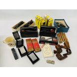 A BOX CONTAINING A COLLECTION OF SMOKING PARAPHERNALIA TO INCLUDE SIX ZIPPO LIGHTERS,