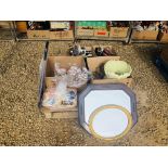 4 X BOXES OF HOUSEHOLD SUNDRIES TO INCLUDE CHINA AND GLASS WARE, VARIOUS MIRRORS, SHOPPING TROLLEY,