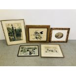 COLLECTION OF FIVE ASSORTED VINTAGE ART WORKS TO INCLUDE AN ETCHING, A VICTORIAN PICNIC 1/25,