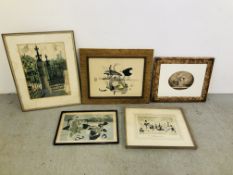 COLLECTION OF FIVE ASSORTED VINTAGE ART WORKS TO INCLUDE AN ETCHING, A VICTORIAN PICNIC 1/25,