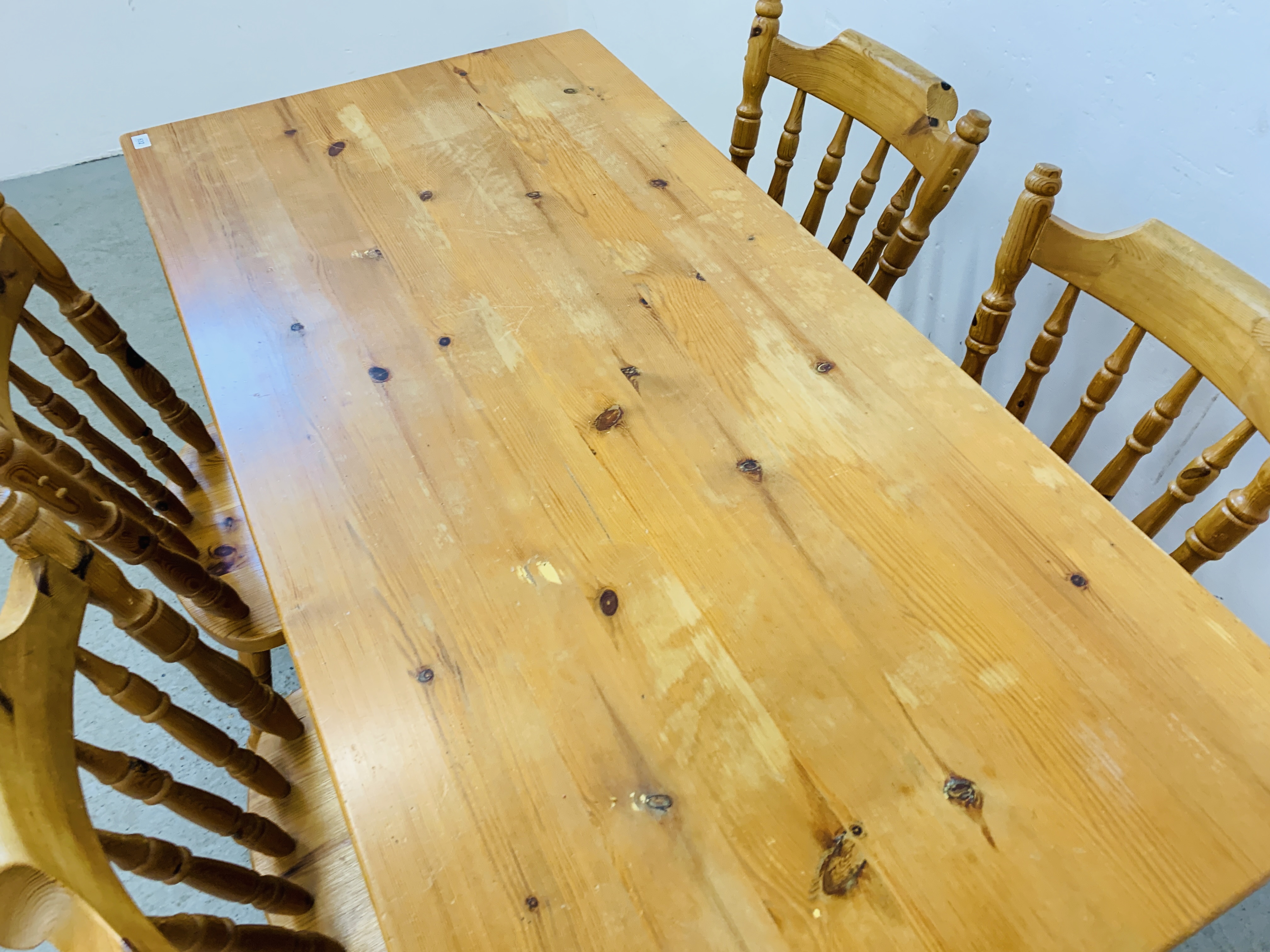 A PINE KITCHEN TABLE COMPLETE WITH FOUR SOLID PINE KITCHEN CHAIRS (TABLE 152CM. X 76CM. - Image 7 of 14