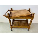 A PINE SINGLE DRAWER TROLLEY WITH SHELF BELOW AND HEAVY BLOCK CHOPPING BOARD