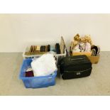BOX OF LINEN AND ANTLER OVERNIGHT BAG,