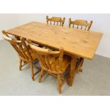 A PINE KITCHEN TABLE COMPLETE WITH FOUR SOLID PINE KITCHEN CHAIRS (TABLE 152CM. X 76CM.