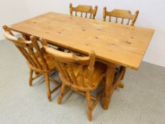 A PINE KITCHEN TABLE COMPLETE WITH FOUR SOLID PINE KITCHEN CHAIRS (TABLE 152CM. X 76CM.