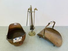 VINTAGE COPPER COAL BUCKET AND LOG BASKET WITH CERAMIC HANDLE + A BRASS FIRESIDE SET WITH HORSE