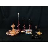 3 X VINTAGE CRANBERRY GLASS EPERGNE FITMENTS, ART DECO PALE PINK CENTRE PIECE, SHIPS BOTTLE, ETC.