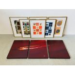 SET OF 6 HAND COLOURED PEN AND WASH ABSTRACT PICTURES ALONG WITH 3 X MODERN ART CANVAS PICTURES.
