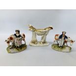 A ROYAL WORCESTER SWEET MEAT DISH OF BOY AND GIRL HOLDING BASKET A/F ALONG WITH 2 STAFFORDSHIRE