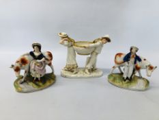 A ROYAL WORCESTER SWEET MEAT DISH OF BOY AND GIRL HOLDING BASKET A/F ALONG WITH 2 STAFFORDSHIRE