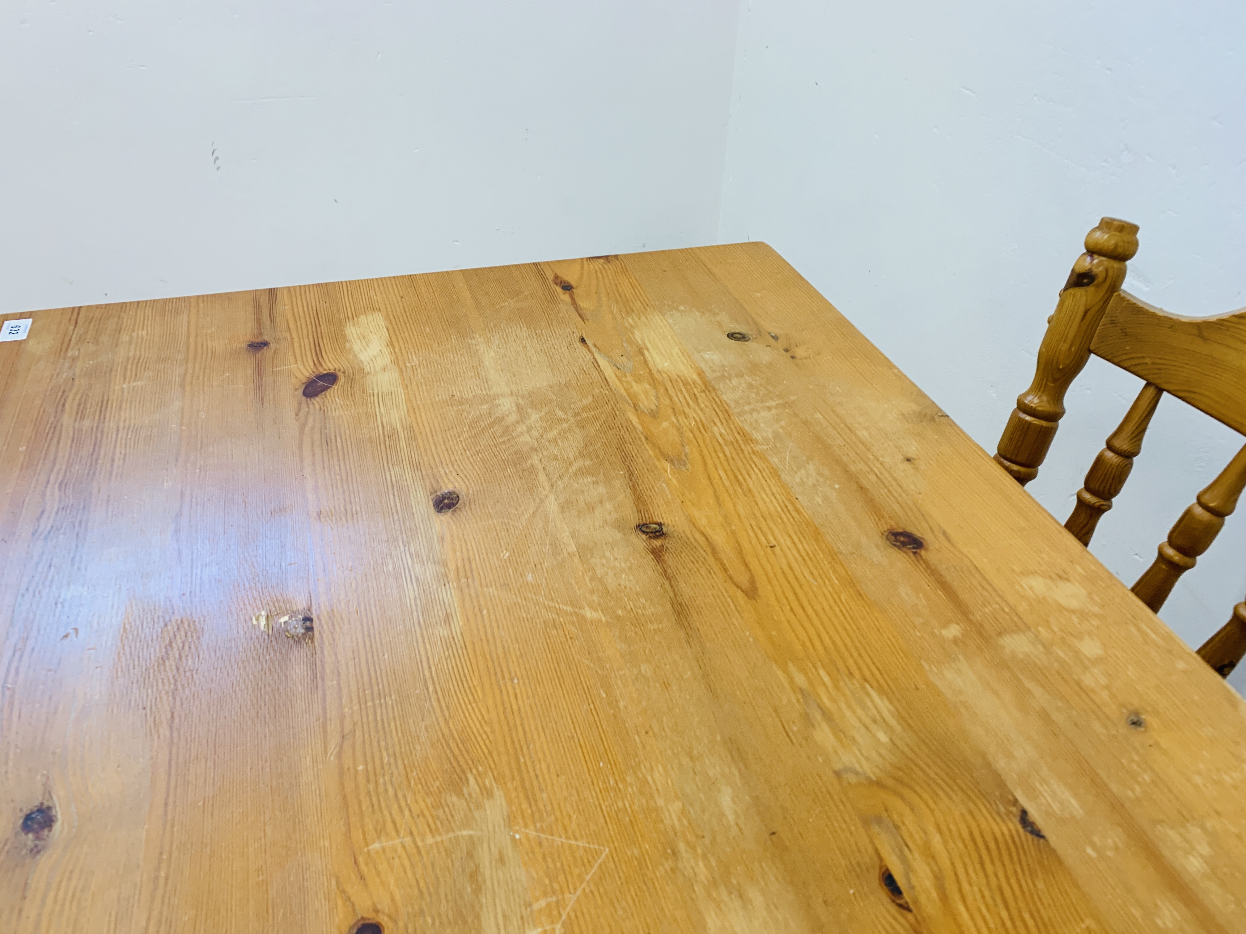 A PINE KITCHEN TABLE COMPLETE WITH FOUR SOLID PINE KITCHEN CHAIRS (TABLE 152CM. X 76CM. - Image 8 of 14