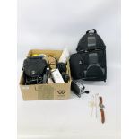 BOX OF ASSORTED CAMERA BAGS AND ACCESSORIES TO INCLUDE A SONY HANDYCAM LOWEPRO CAMERA BAG ALONG