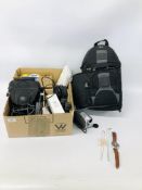 BOX OF ASSORTED CAMERA BAGS AND ACCESSORIES TO INCLUDE A SONY HANDYCAM LOWEPRO CAMERA BAG ALONG